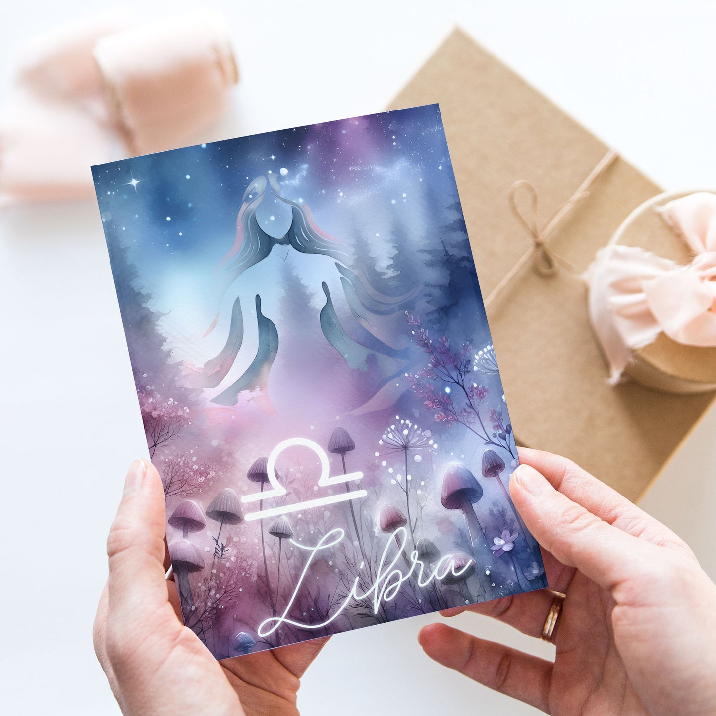 Libra – Zodiac Sign Card with Constellation & Crystals – A6 Astrology Art Print for Journaling or Gift – ZC427