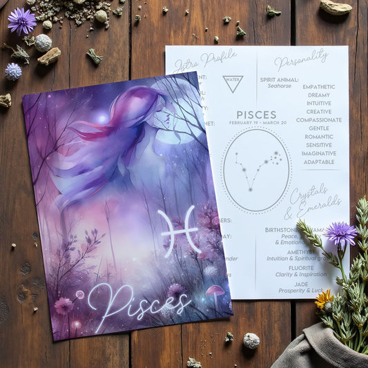 Pisces – Zodiac Sign Card with Constellation & Crystals – A6 Astrology Art Print for Journaling or Gift – ZC428