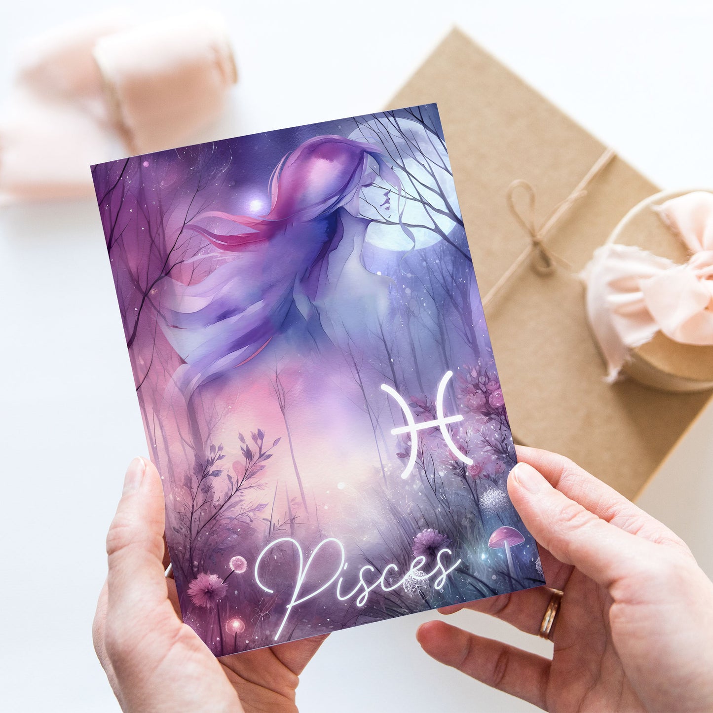 Pisces – Zodiac Sign Card with Constellation & Crystals – A6 Astrology Art Print for Journaling or Gift – ZC428