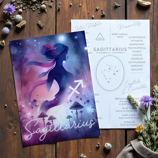 Sagittarius – Zodiac Sign Card with Constellation & Crystals – A6 Astrology Art Print for Journaling or Gift – ZC429