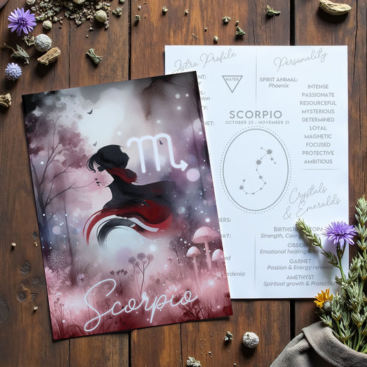 Scorpio – Zodiac Sign Card with Constellation & Crystals – A6 Astrology Art Print for Journaling or Gift – ZC430