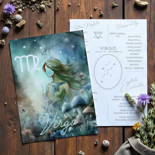 Virgo – Zodiac Sign Card with Constellation & Crystals – A6 Astrology Art Print for Journaling or Gift – ZC431